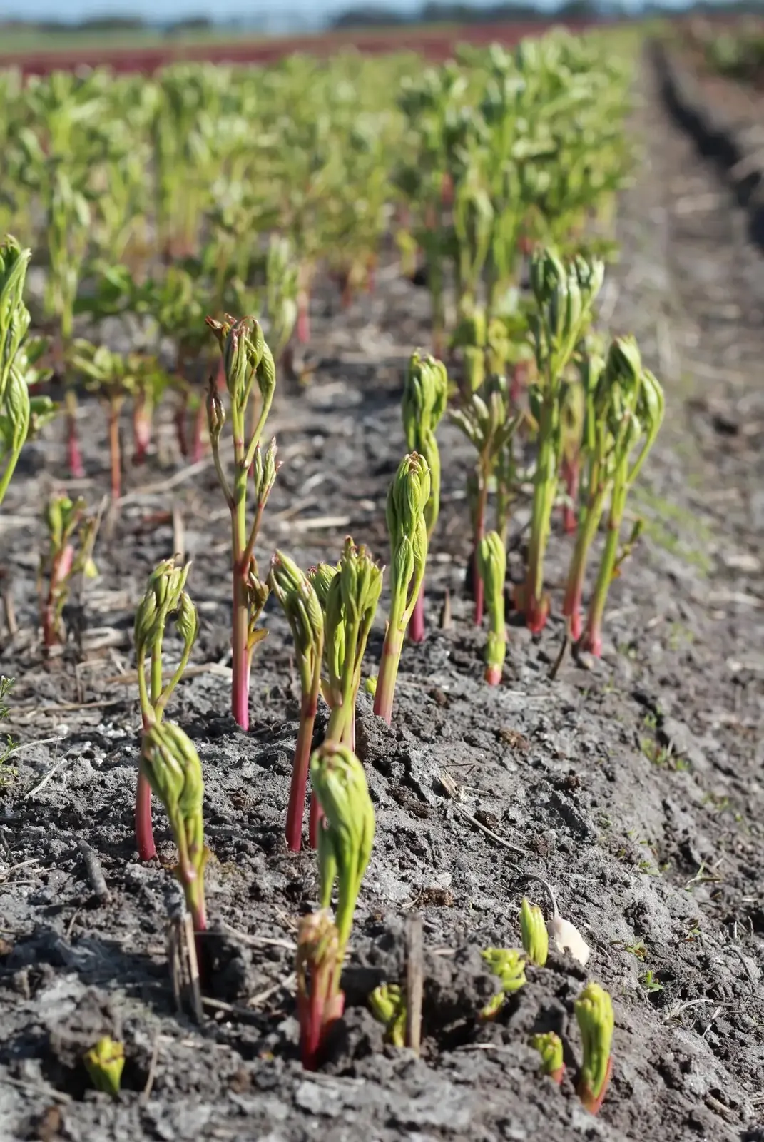 Rijen groene pioenroosplanten die uitgroeien tot stevige stelen met blad